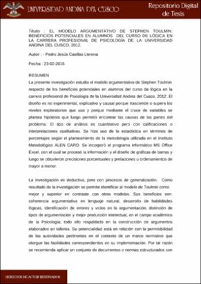 El modelo argumentativo de Stephen Toulmin: beneficios potenciales en  alumnos del curso de lógica en la carrera profesional de psicología de la  Universidad Andina del Cusco, 2012.